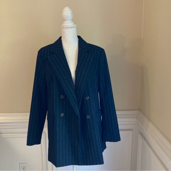 H&M Black Beige Pinstripe Viscose Blend Double Breasted Blazer Jacket NWT - Picture 7 of 7